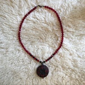 Black & red Chinese Pendant Jet & garnet necklace